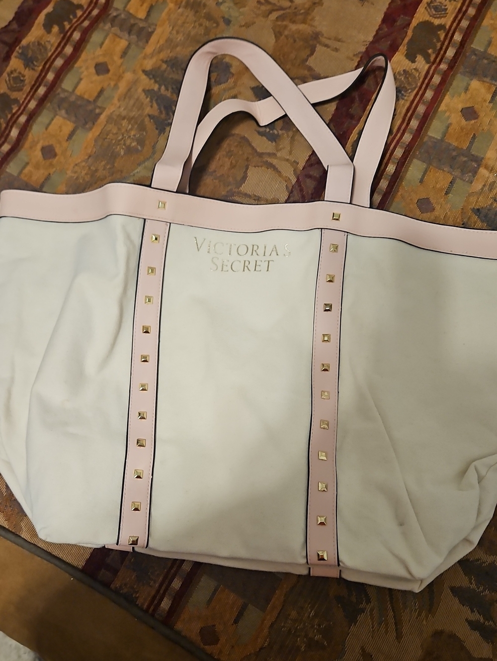 Victoria's Secret White and Pale Pink Studded Tote Bag